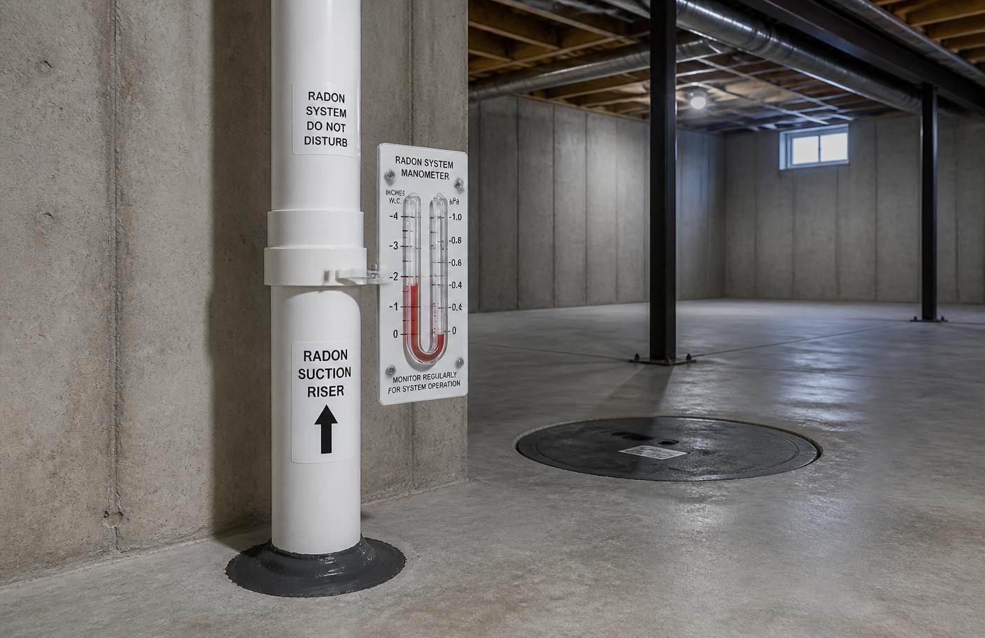 Sealed radon suction riser and U-tube manometer in an unfinished poured concrete basement