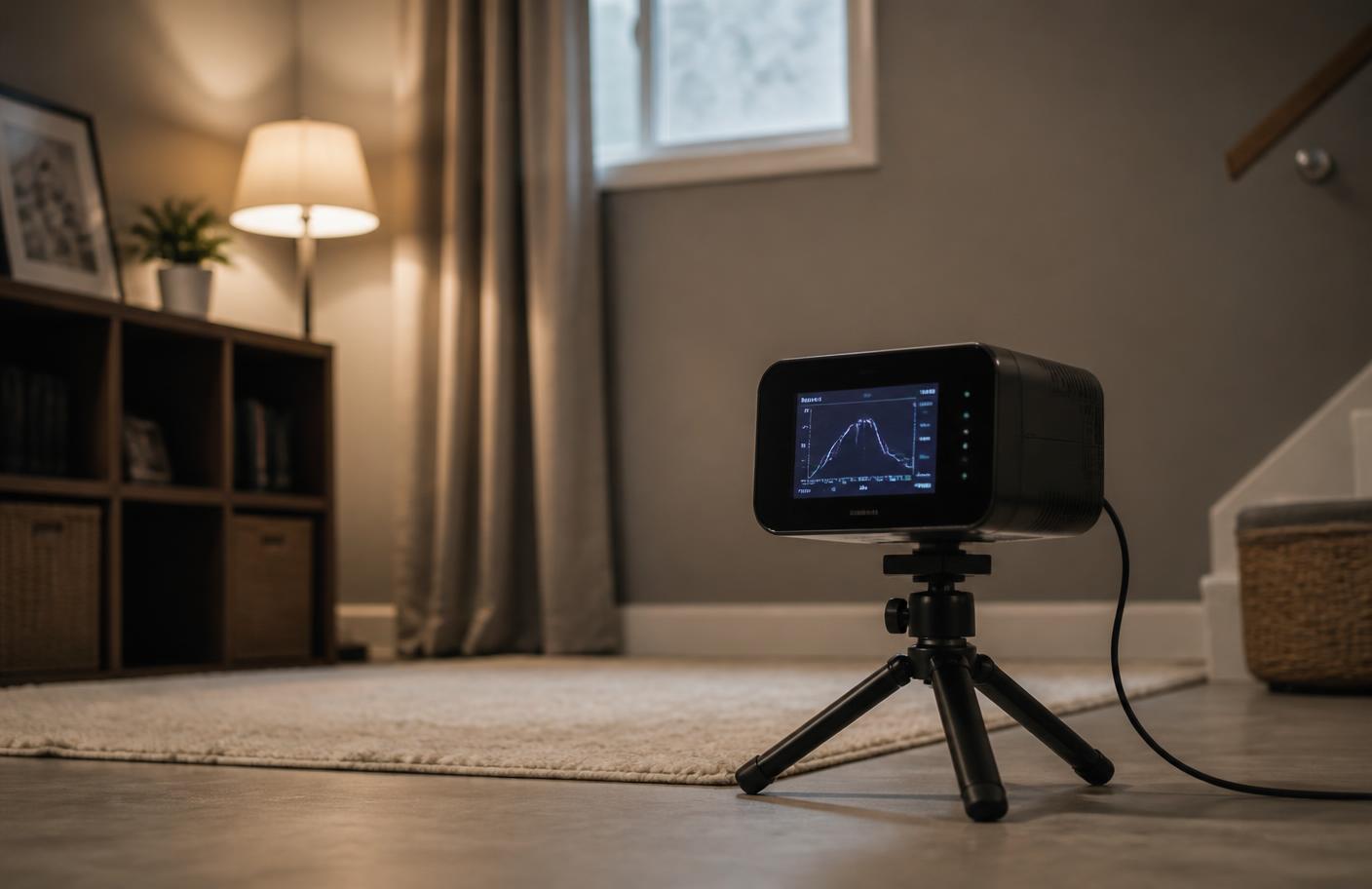 Continuous radon monitor on a tripod recording readings in a home lower level under closed-house conditions