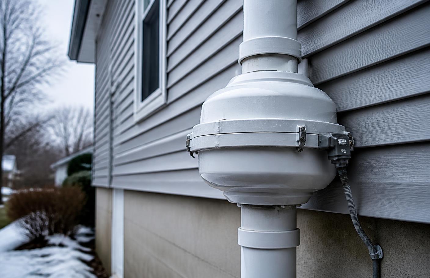 Inline radon exhaust fan mounted on exterior PVC piping at a Central Indiana home in winter